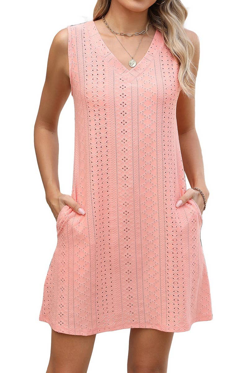 CWDSD7403_SUMMER CASUAL SOLID COLOR V-NECK DRESS