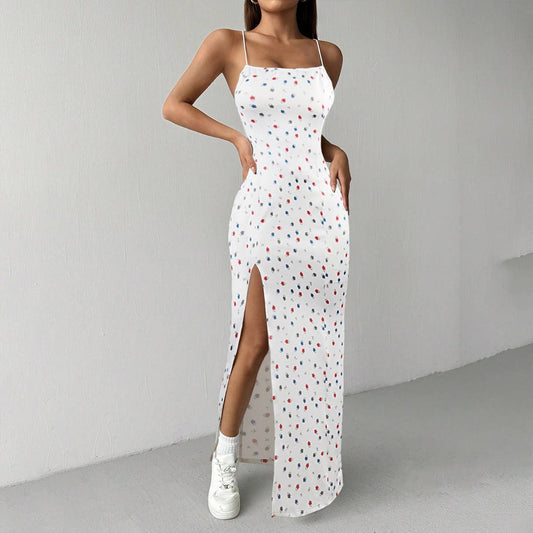 Polka dot printed square collar halter dress