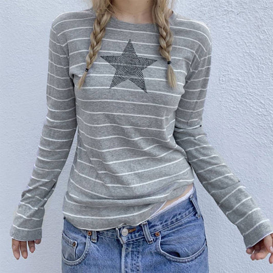 FIVE-POINTED STRIPED PULL-OVER CREW-NECK TOP