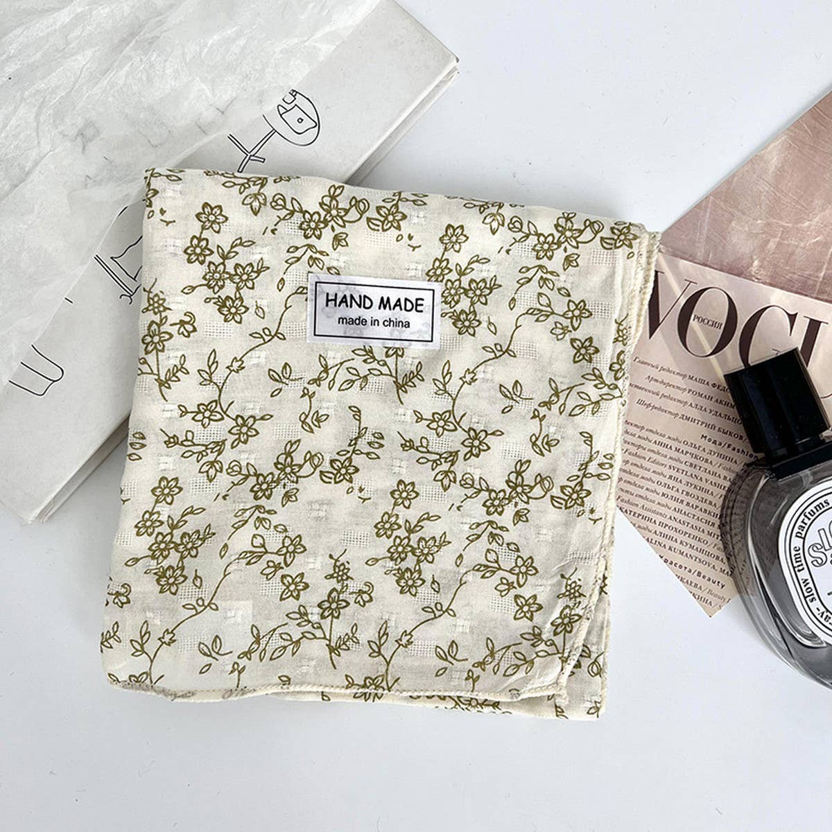 Floral Cotton Linen Square Scarf for Women