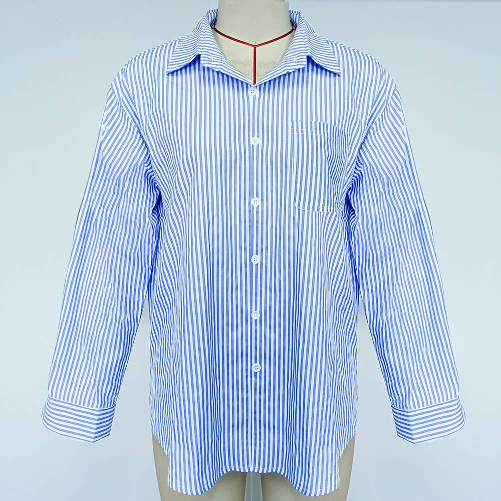STRIPED BAGGY LAPEL LONG-SLEEVED BUTTON-UP SHIRT