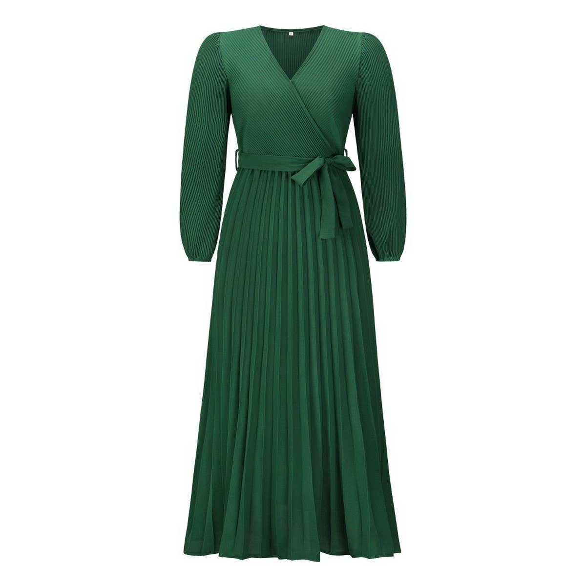 V-neck long sleeve pleated A-line long dress