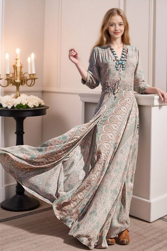 CWDMD01230_V-NECK PRINTED LONG-SLEEVED DRESS