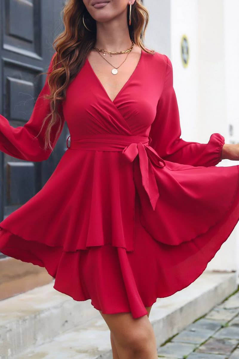 CWDSD7389_V-NECK MULTI-LAYERED HEM FASHIONABLE DRESS