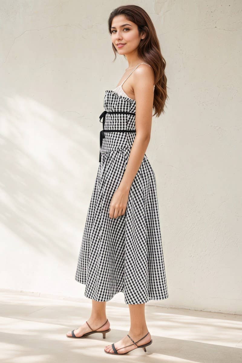 CWDMD6409_PLAID STRAPLESS RUCHED WAIST A-LINE DRESS