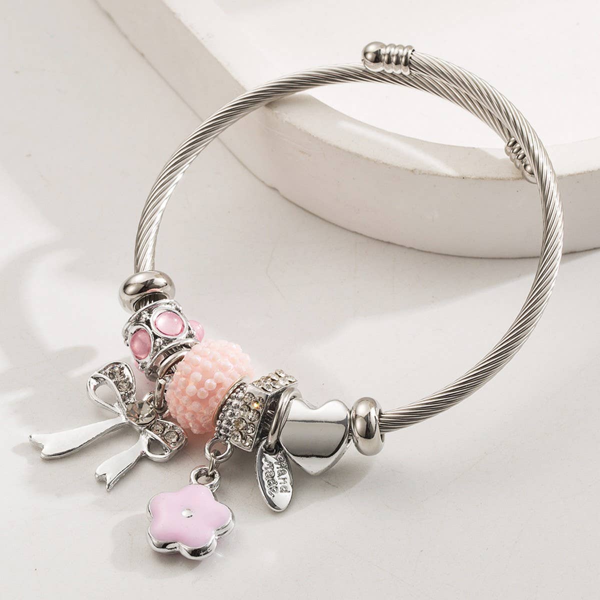 Silver Steel Bracelet with Bow & Flower Charms