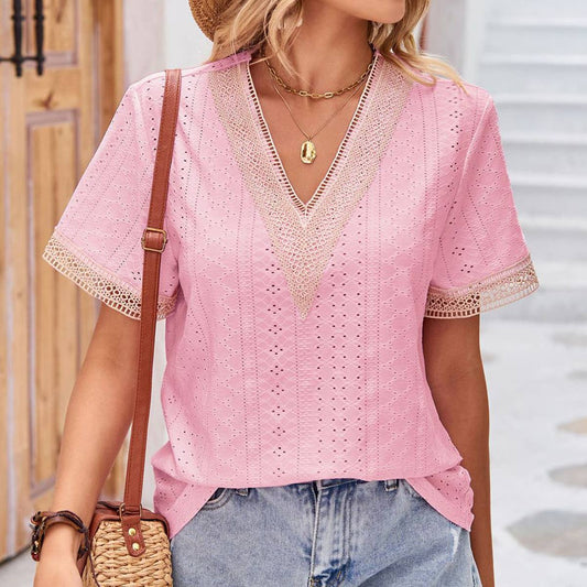 V-neck lace patchwork solid short sleeve top