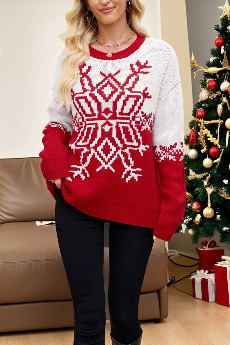 CWOSWL07538_CHRISTMAS BIG SNOWFLAKE CASUAL KNITTED SWEATER