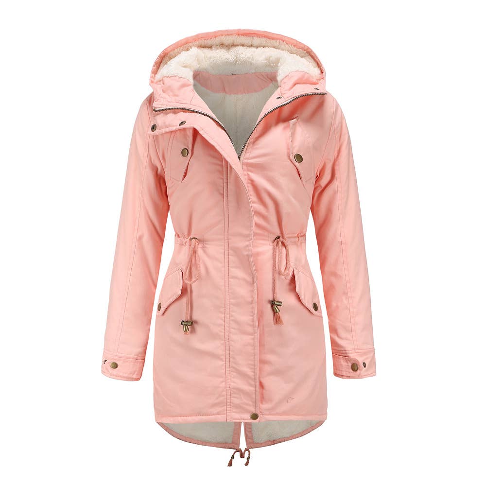 Solid color hooded parka thick fleece jacket