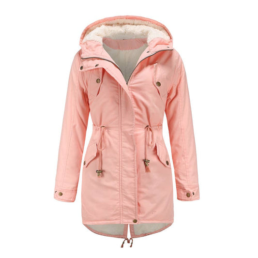 Solid color hooded parka thick fleece jacket