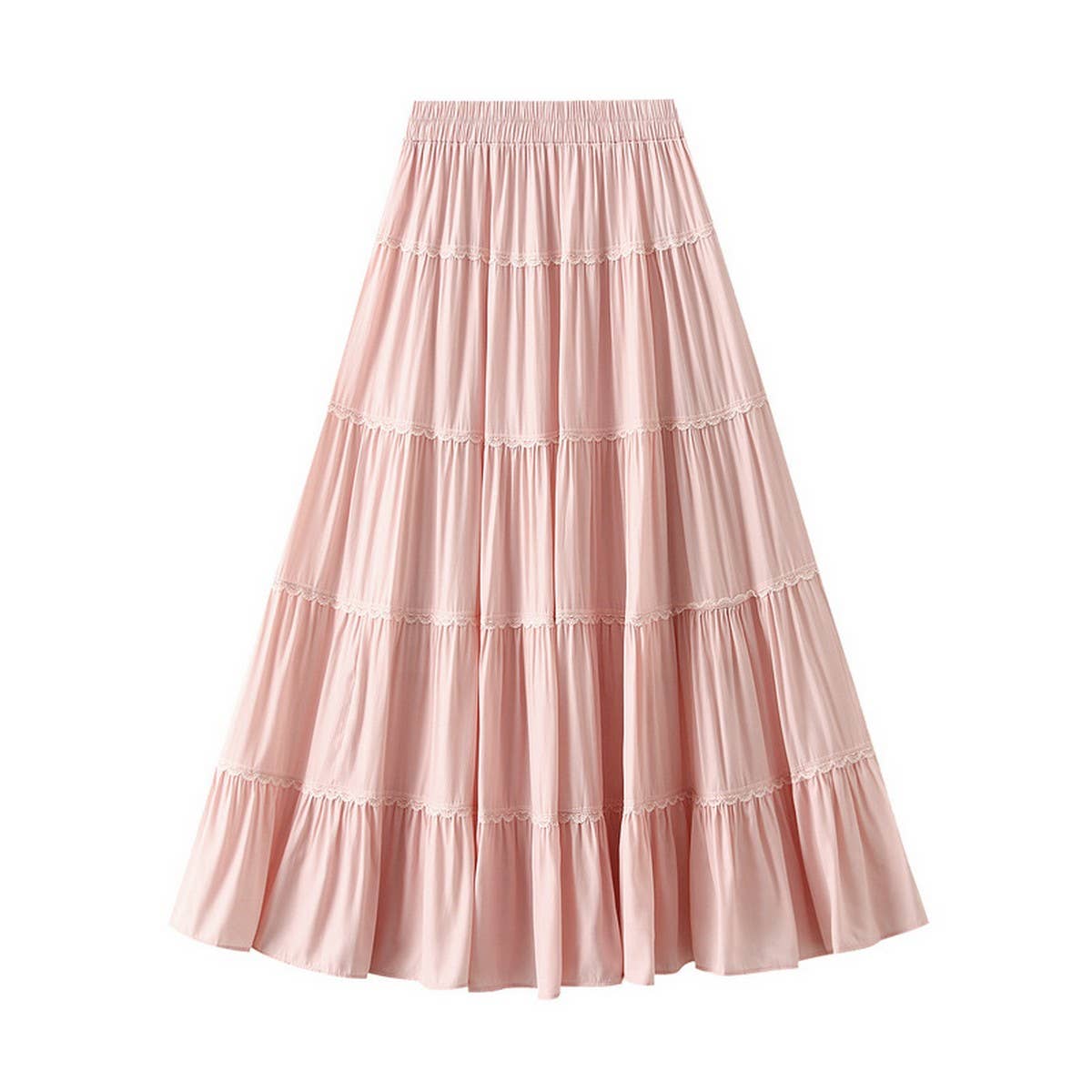 High-Waist Lace Trim A-Line Tiered Maxi Skirt
