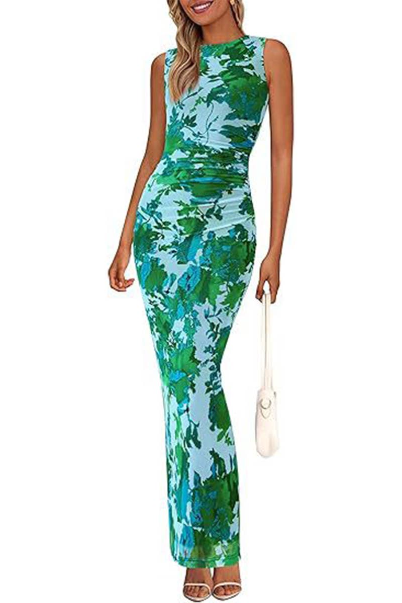 CWDMD6368_PLEATED FLORAL BODYCON SLEEVELESS MESH DRESS