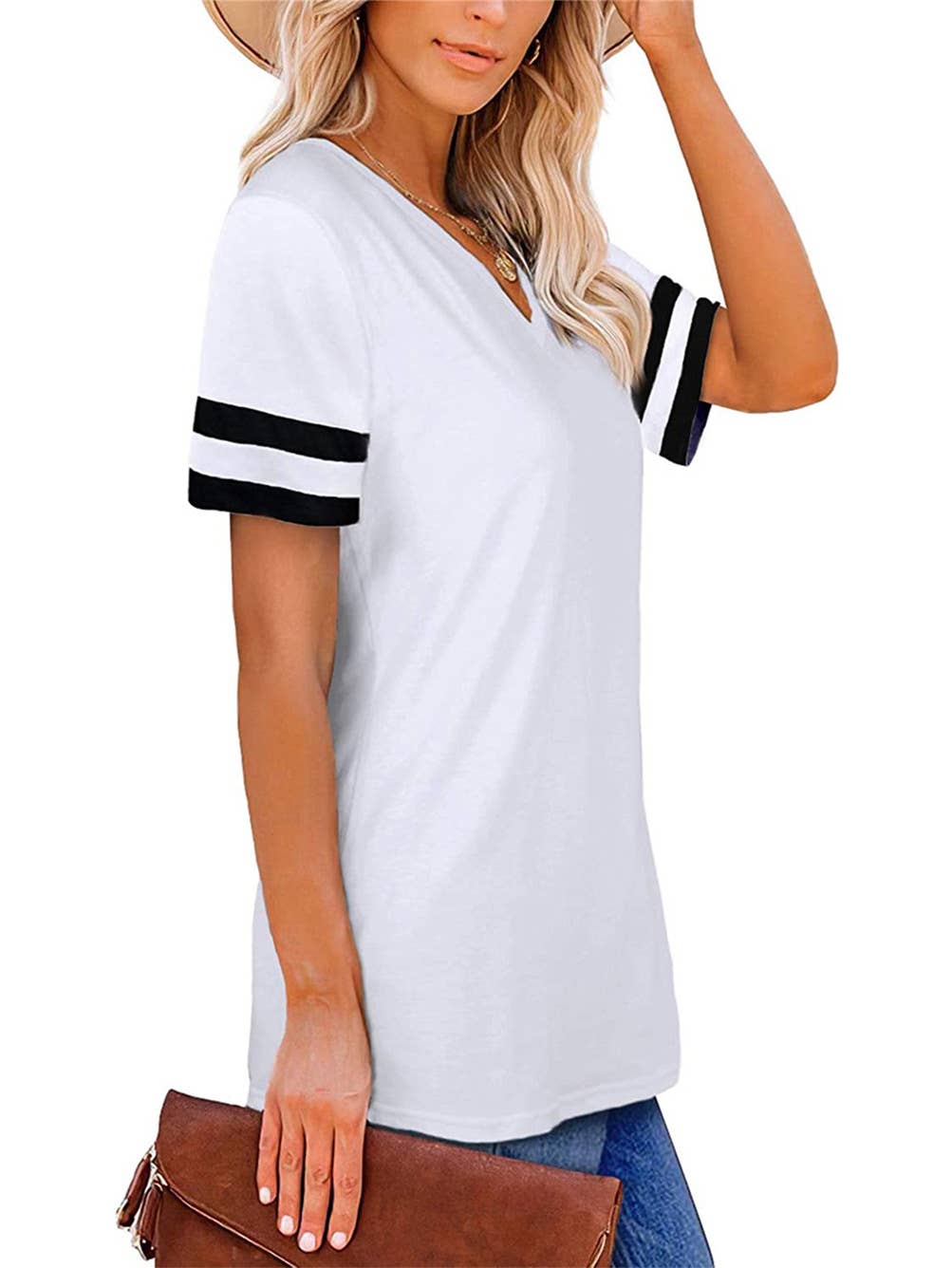 V-NECK SHORT SLEEVE COLOR MATCHING LOOSE TOP