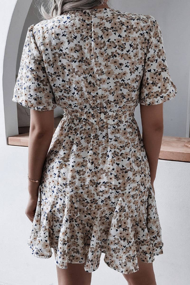 SHORT SLEEVE V NECK FLORAL RUFFLE DRESS_CWDSD2501