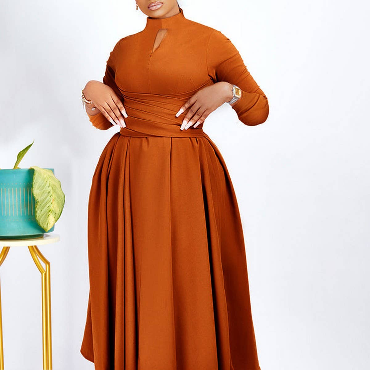 FASHIONABLE PLEATED PLUS SIZE SWING SKIRT DRESS