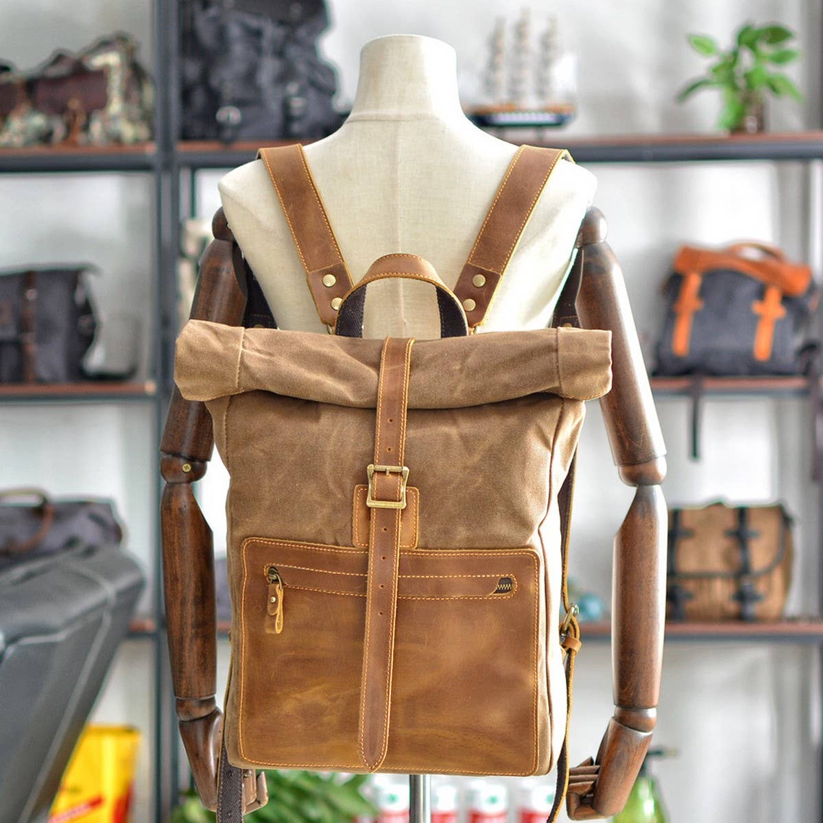 Vintage Waxed Canvas Leather Backpack for Men_CWAB5540