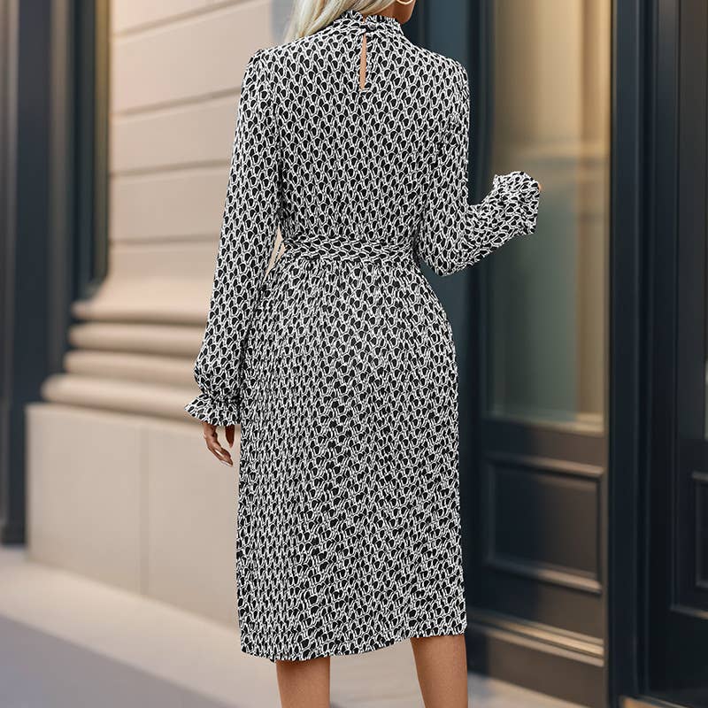 LACE-UP GEOMETRIC PRINT LONG-SLEEVED DRESS