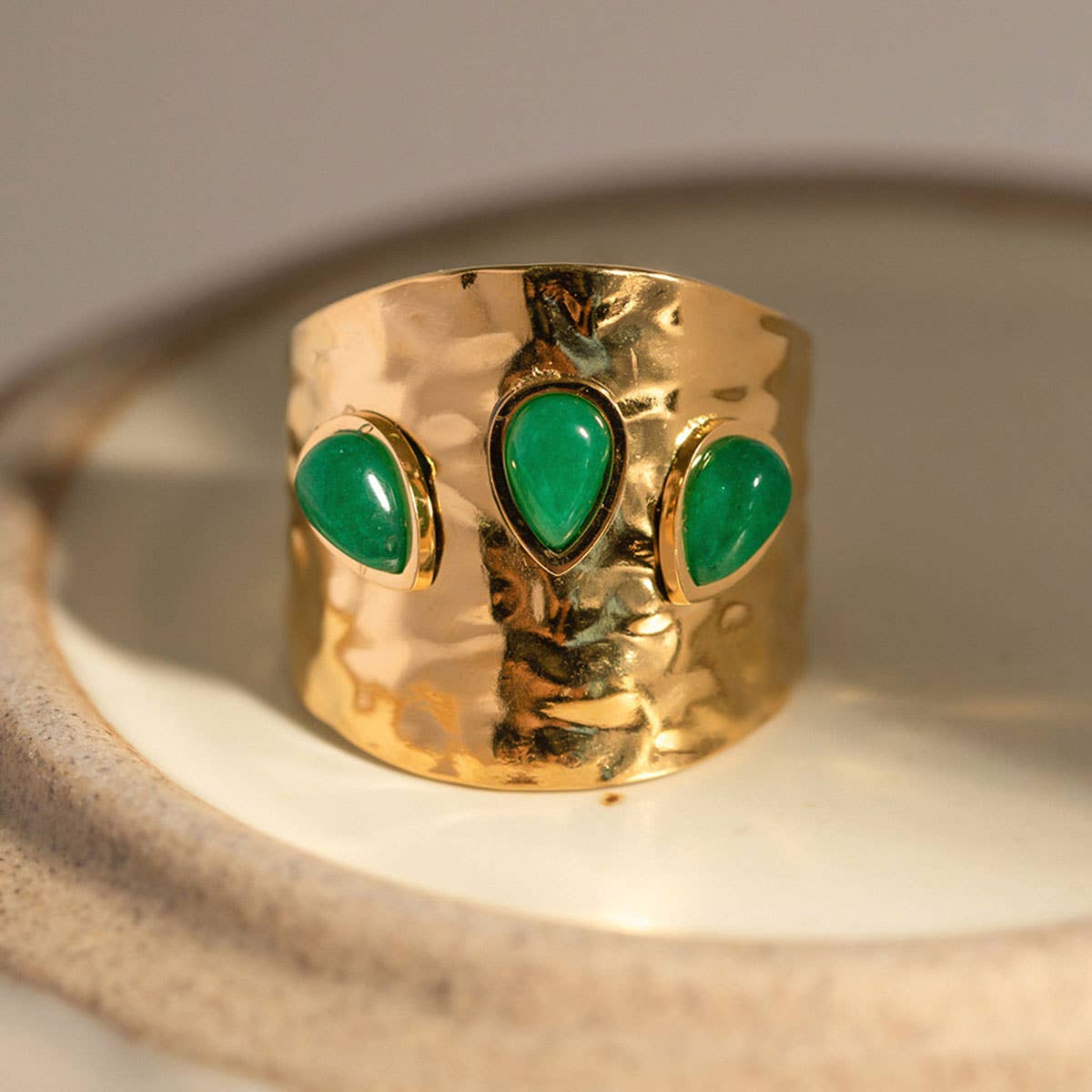 GREEN NATURAL STONE WIDE RINGS STAINLESS STEEL