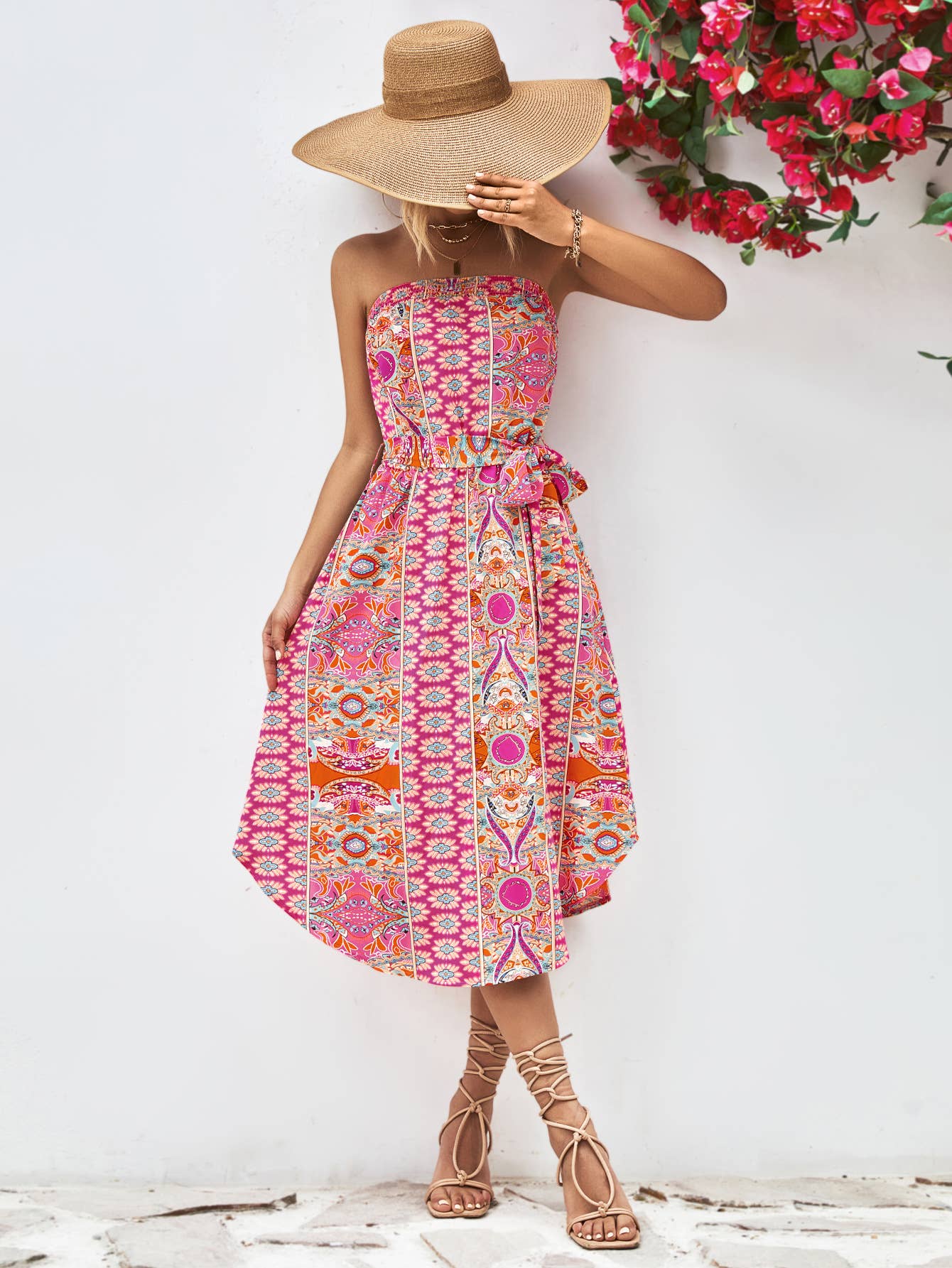Ethnic print top top lace-up long hip wrap dress