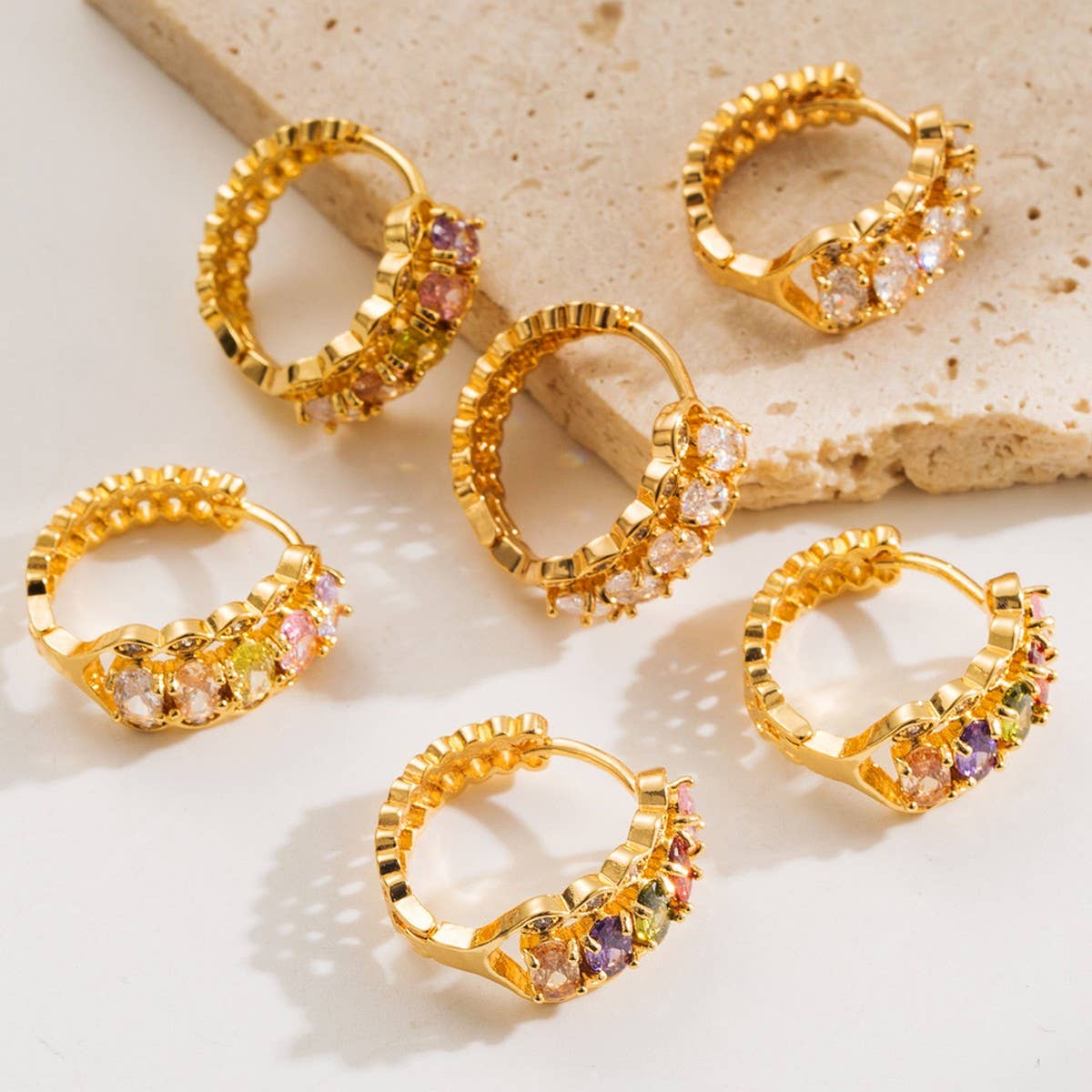 Hip Hop Colorful CZ Hoop Earrings Gold-Plated