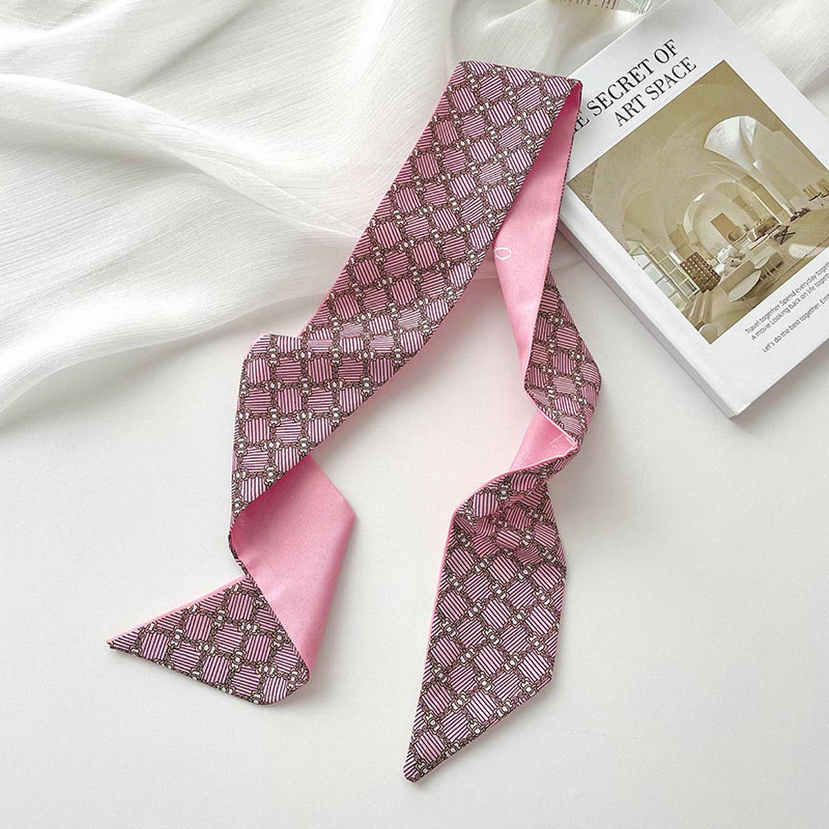 Pink Floral Skinny Scarf ??Hair Tie & Bag Ribbon_CWASC0708