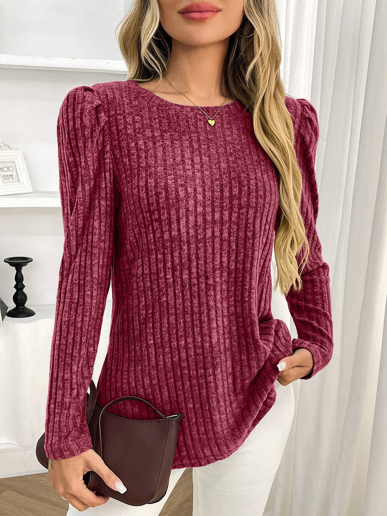 Round-neck puffed-sleeve brushed striped T-shirt