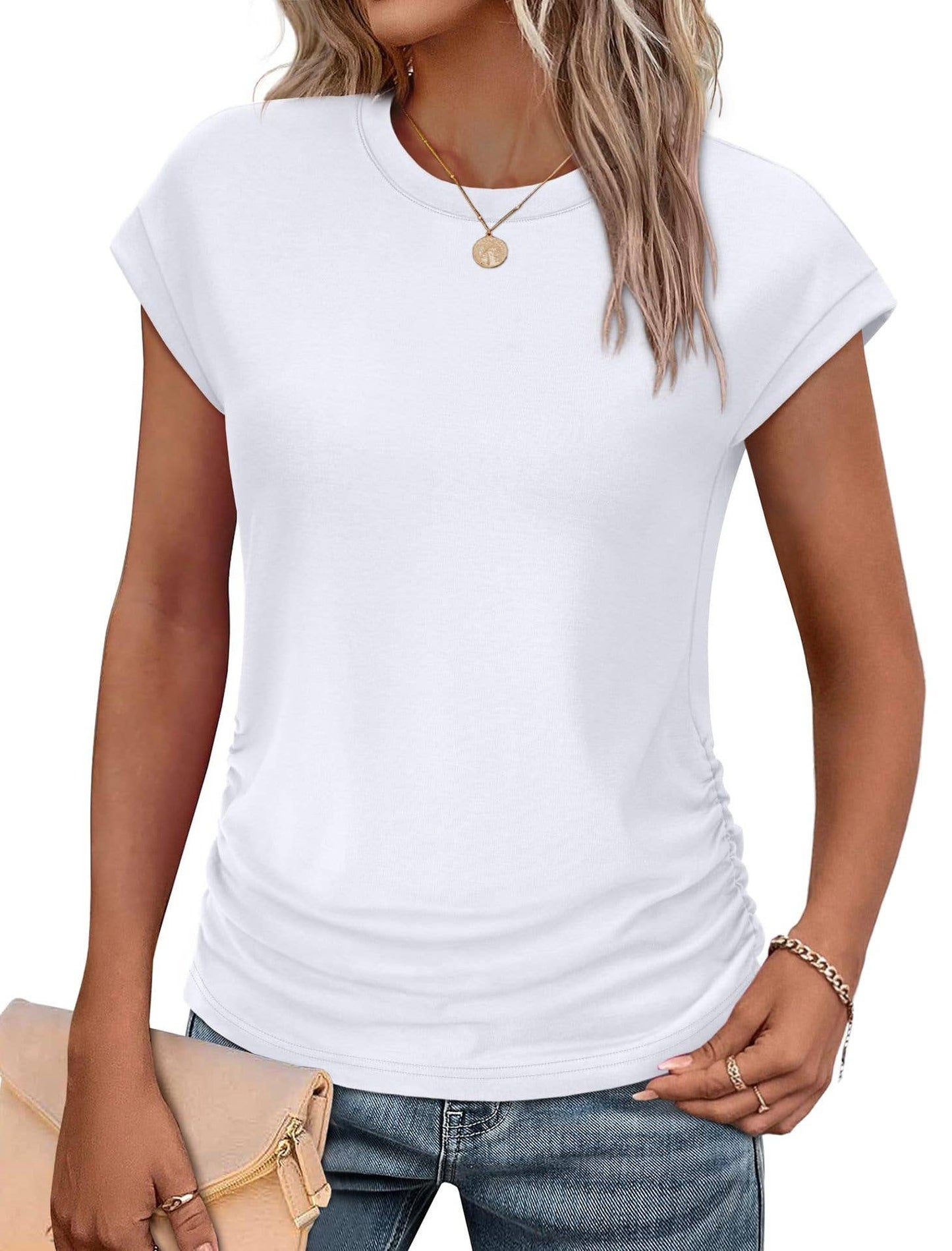 Solid color round neck waistline T-shirt