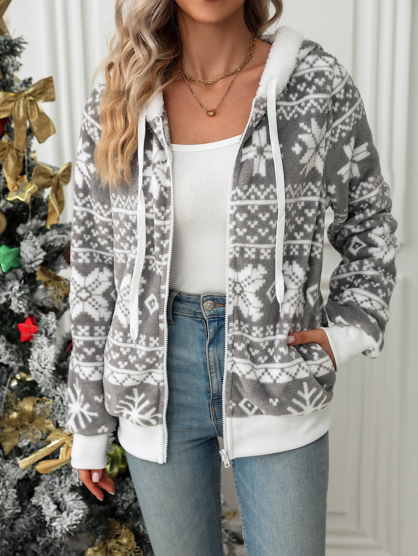 Hooded cardigan Christmas print fleece coat
