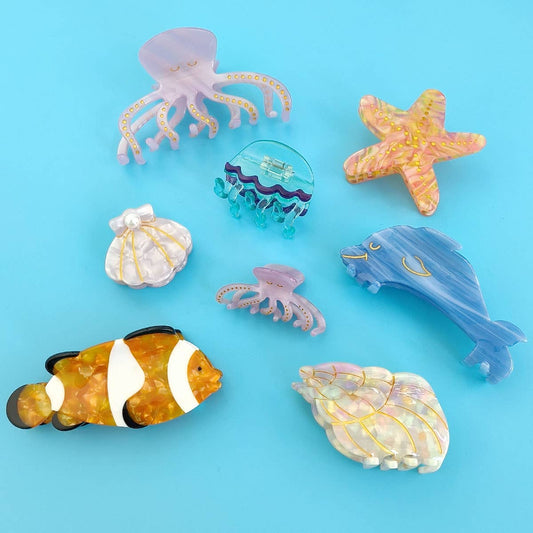 OCEAN BEACH FISH SEASHELL ACRYLIC HAIR CLAW CLIPS _CWAHA0552