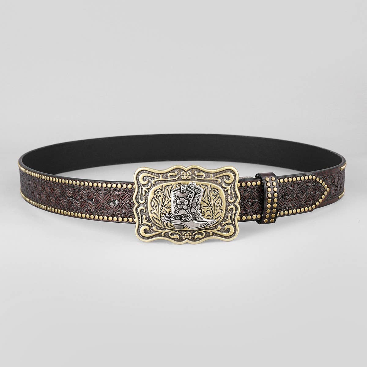 WESTERN LEATHER BELT WITH BULL HEAD BUCKLE RIVET _CWABE0415