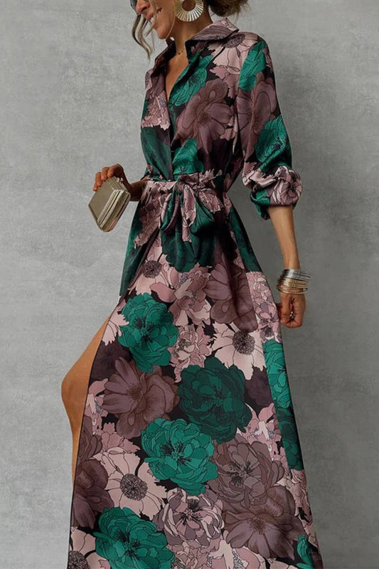 CWDMD5863_ELEGANT PRINTED TIE-WAIST LONG SLEEVE DRESS
