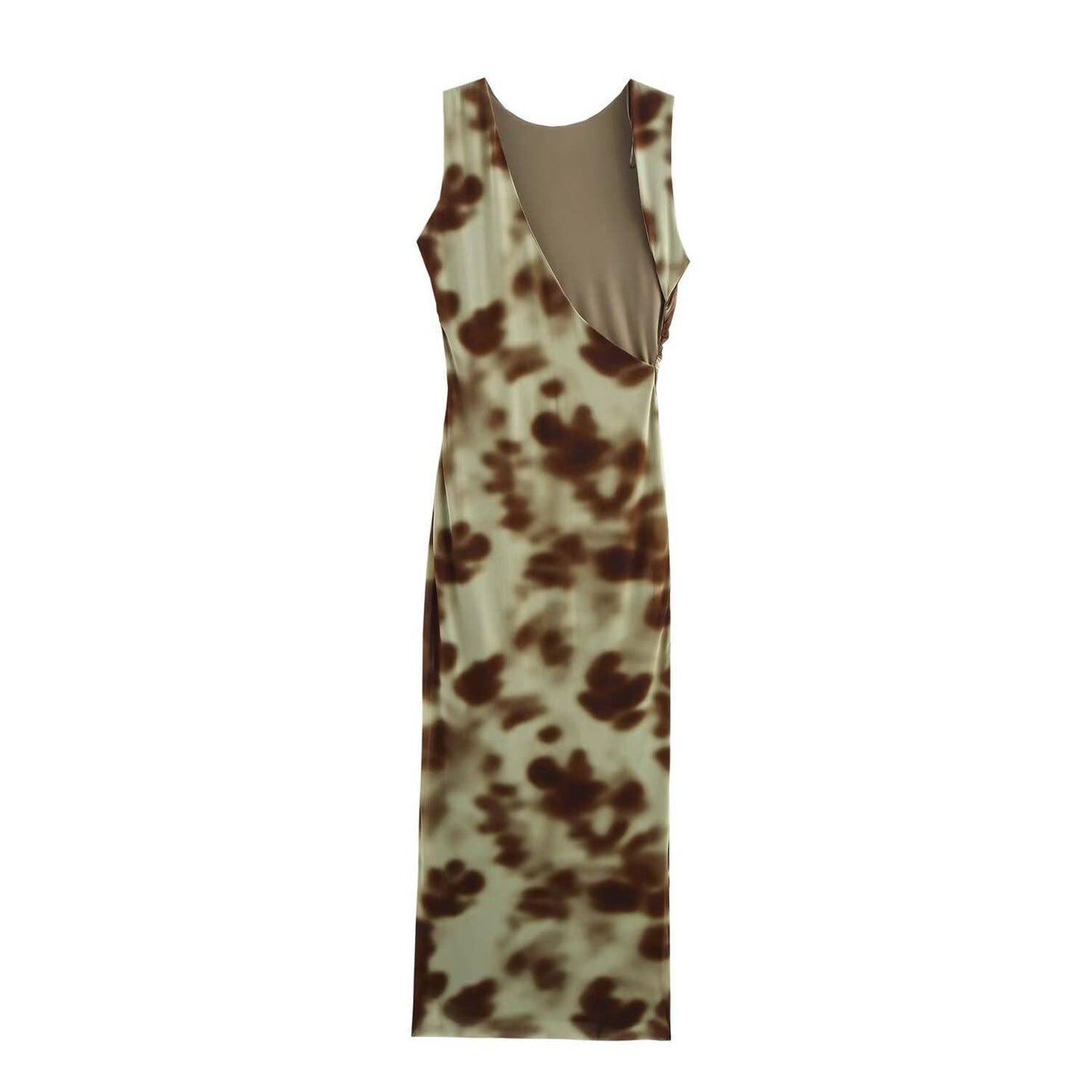 Fitted, irregular backless pleated printed dress