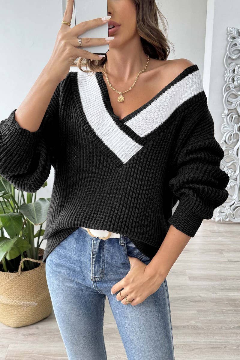 CWOSWL07340_WOMEN COLOR BLOCK V NECK LOOSE KNIT SWEATER