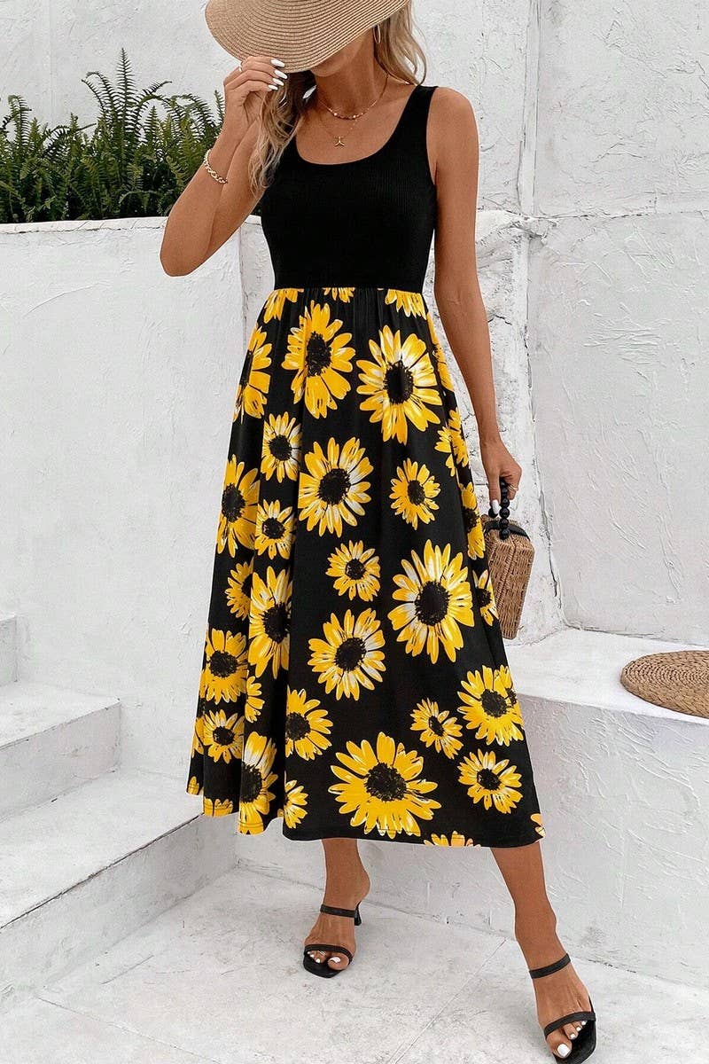 CWDMD4446_SUNFLOWER PRINT PATCHWORK SLEEVELESS DRESS