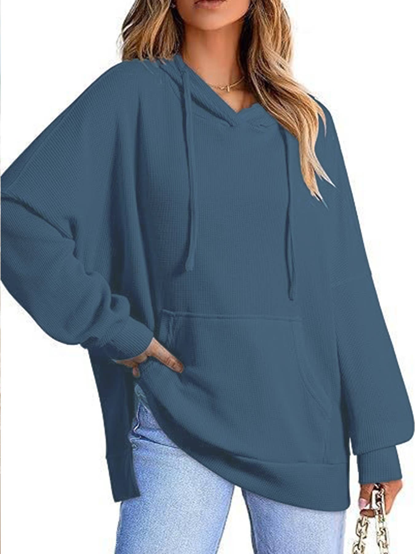 WAFFLE KNIT SIDE SPLIT PULLOVER WITH POCKETS