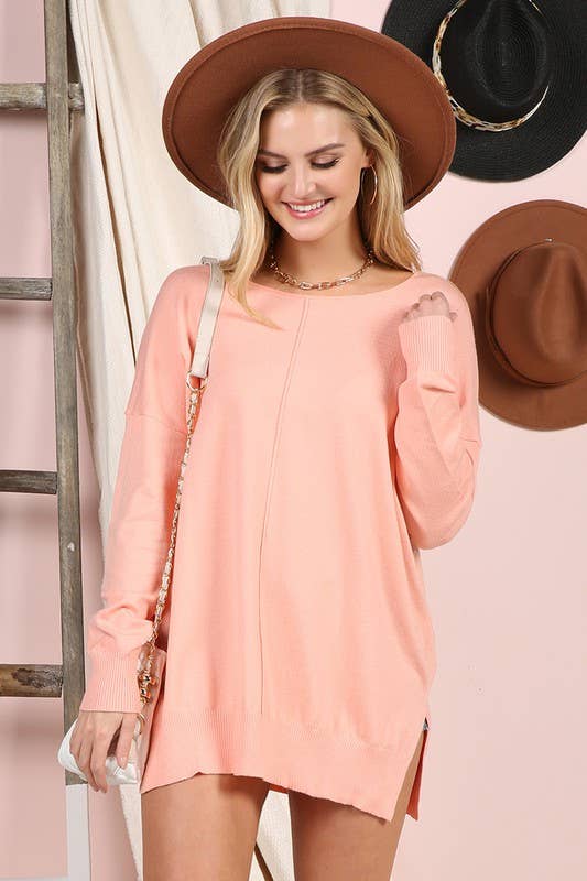 CWOSWL057_ROUND NECK LOOSE FIT TUNIC LENGTH SOFT SWEATER