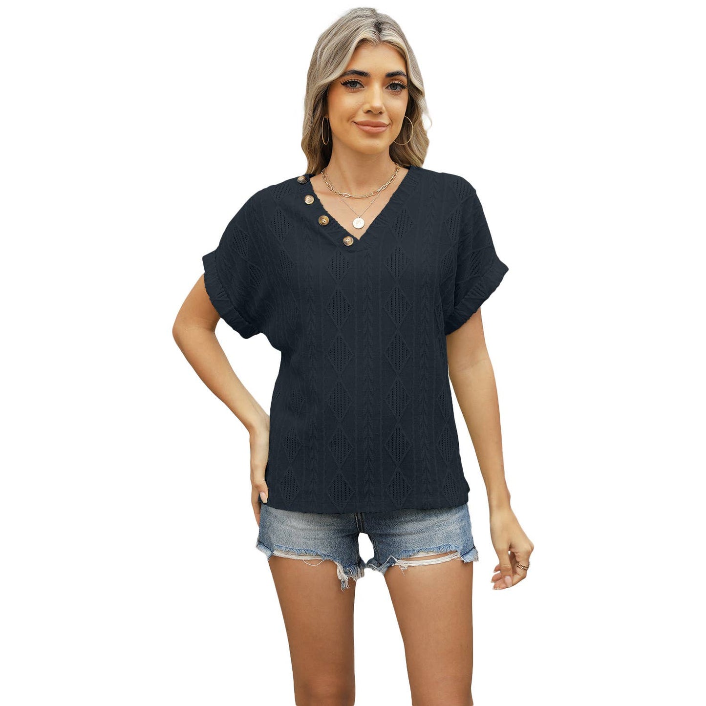 V-neck jacquard loose cutout button T-shirt
