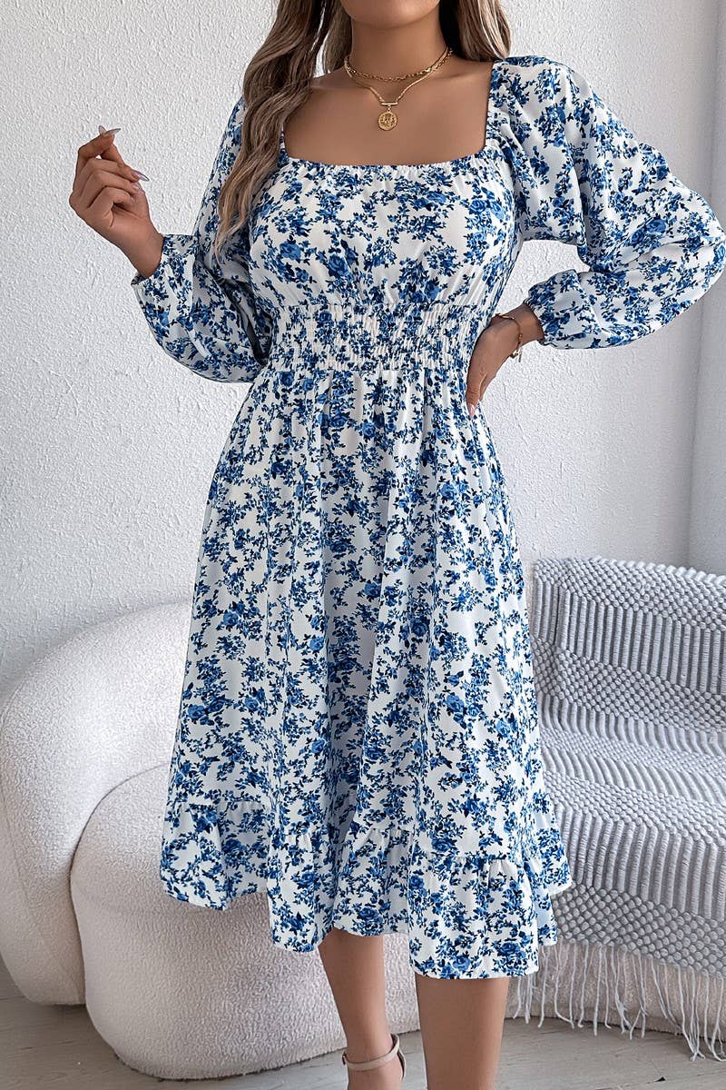 CWDMD6025_FLORAL SQUARE NECK LONG SLEEVE RUFFLE DRESS