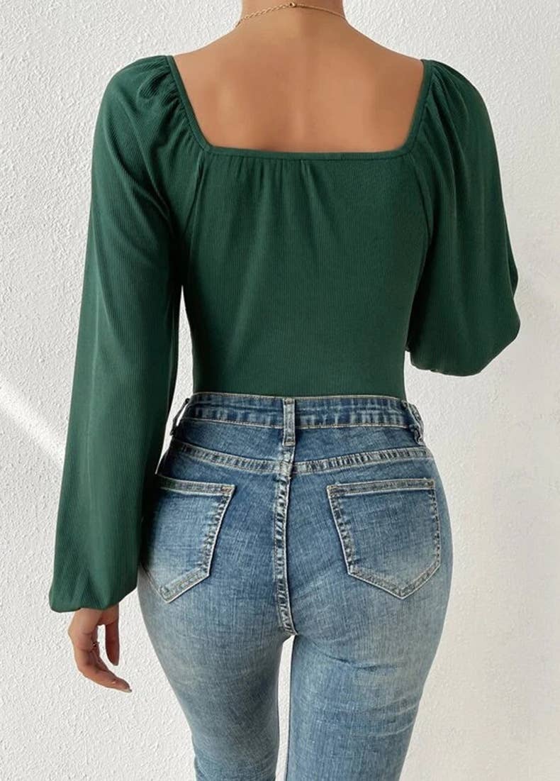 SQUARE NECK LONG SLEEVE PUFFED SLEEVE JUMPSUIT