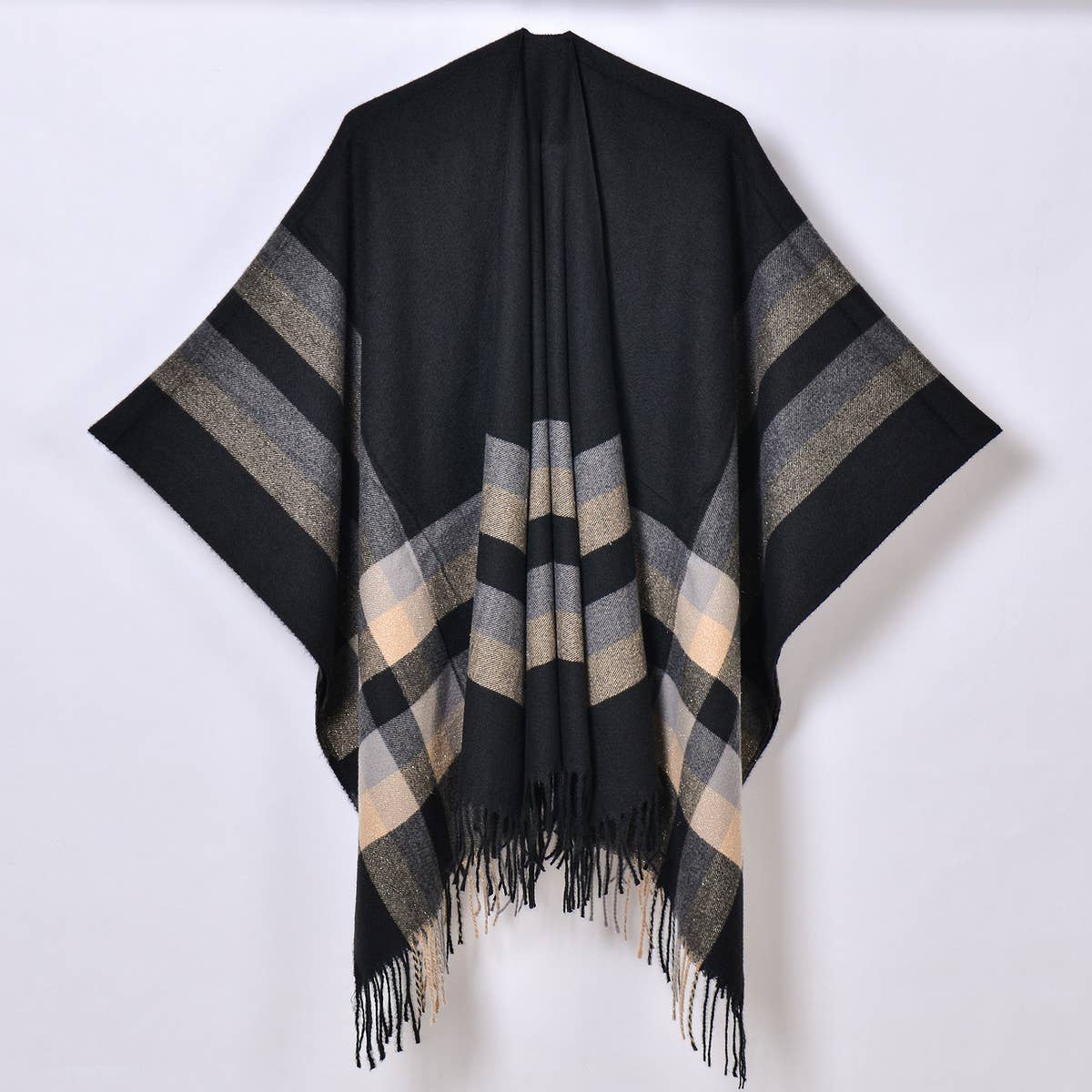 TASSEL TWO-TONE STRIPED PLAID CARDIGAN CAPE SHAWL