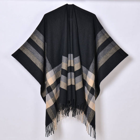 TASSEL TWO-TONE STRIPED PLAID CARDIGAN CAPE SHAWL