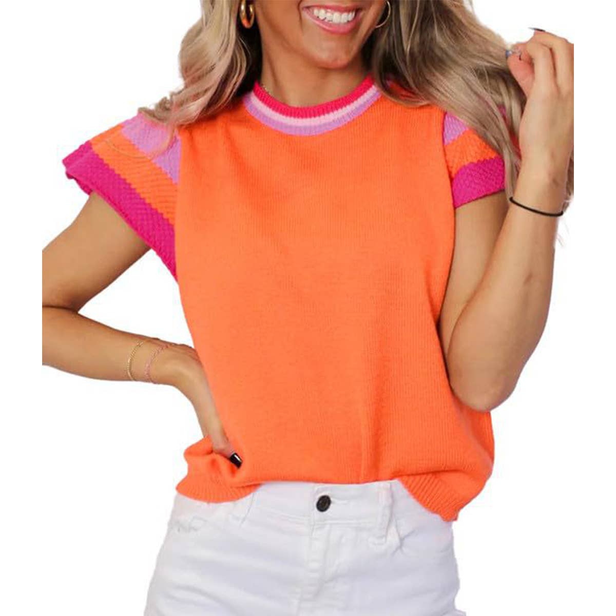 Round-neck color-blocking short-sleeved sweater