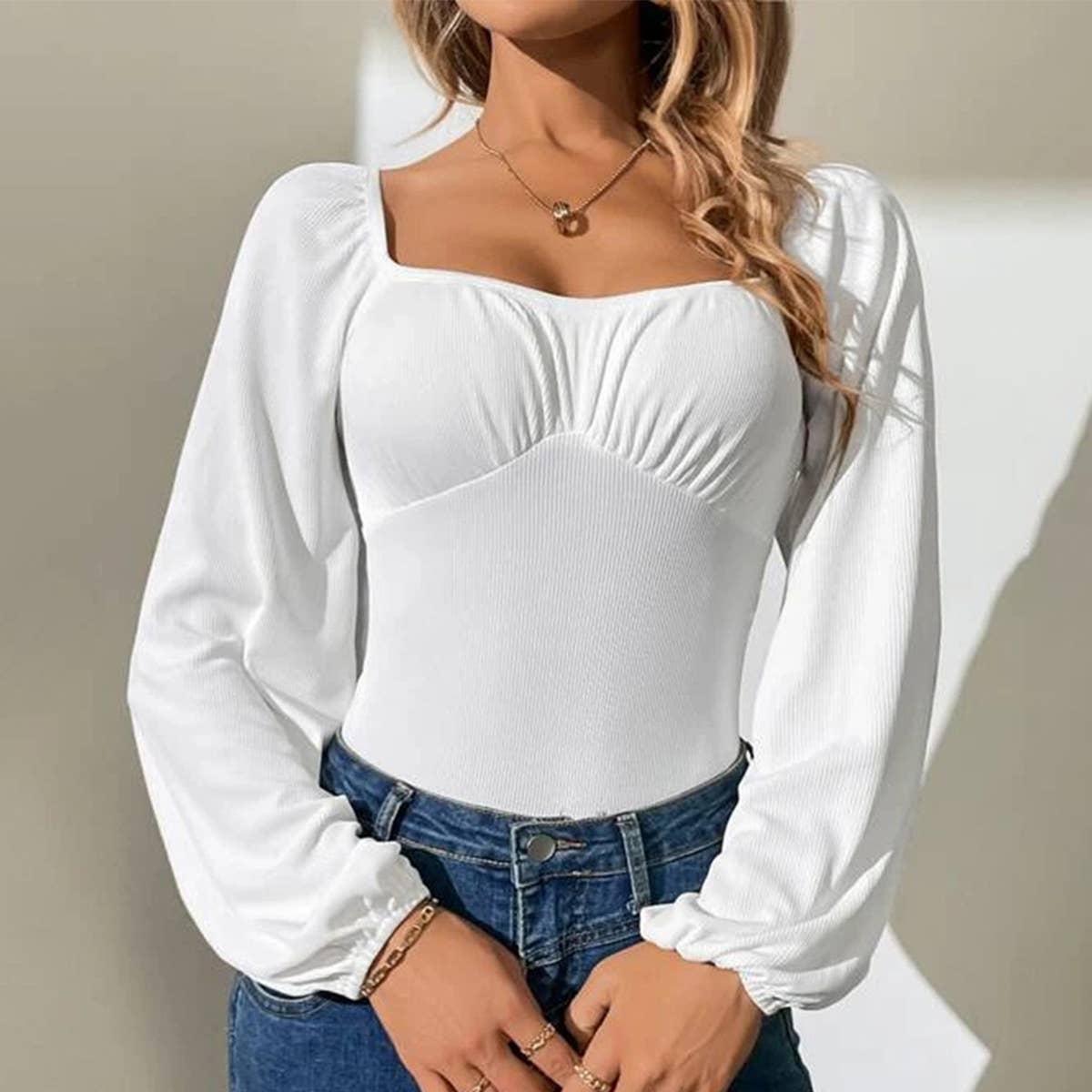 SQUARE NECK LONG SLEEVE PUFFED SLEEVE JUMPSUIT