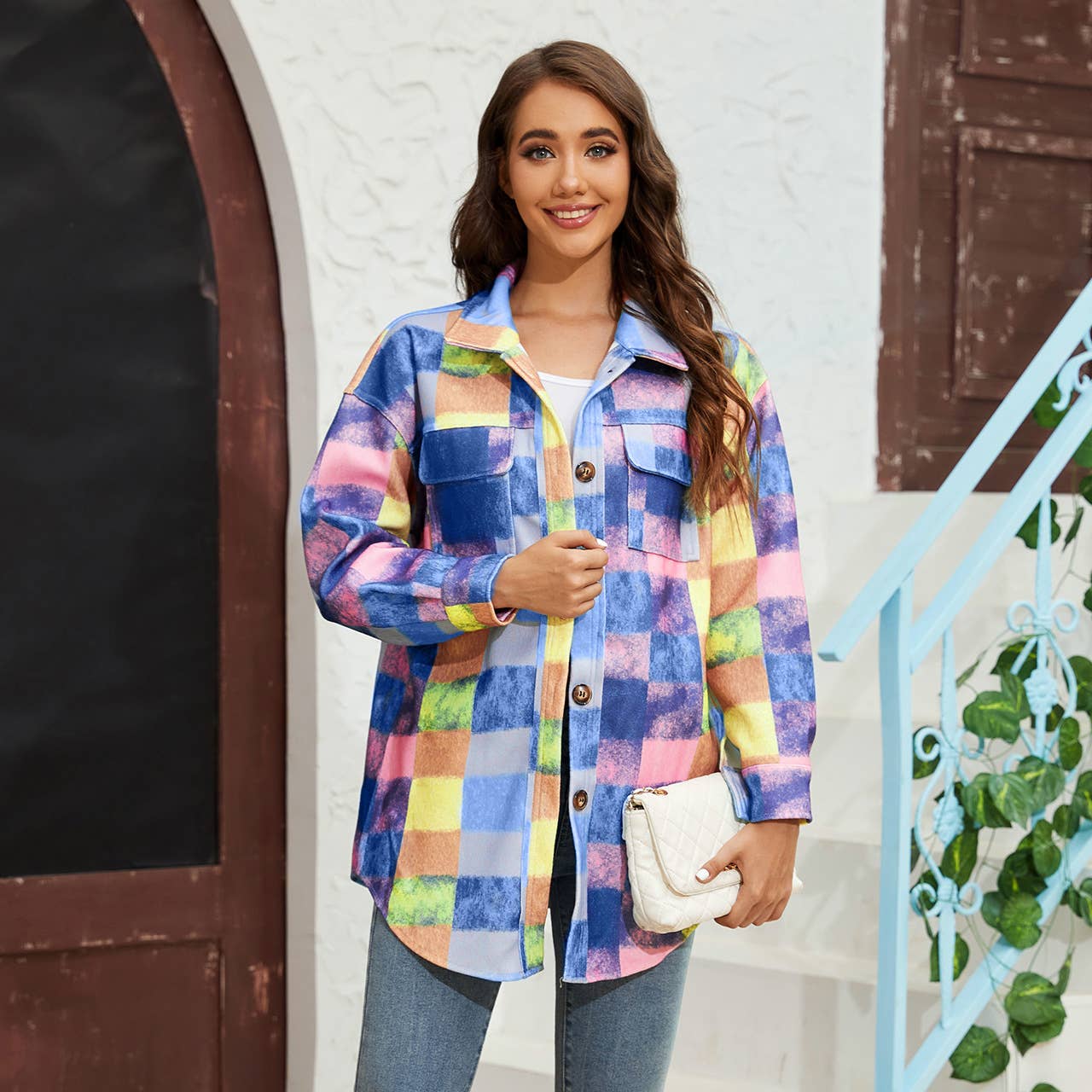 Tweed color-blocked fashionable shirt jacket