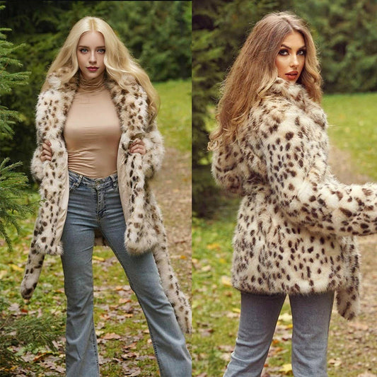 Leopard Faux Fur Belted Coat Women Mid Length
