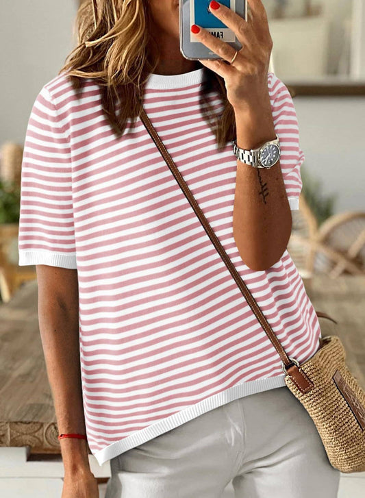 Round-neck striped blocking knitted sweater