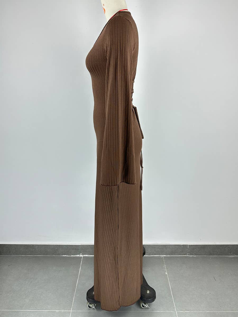 Big Pit Strip Long Sleeve U-Neck Dress_Cwdmd3185