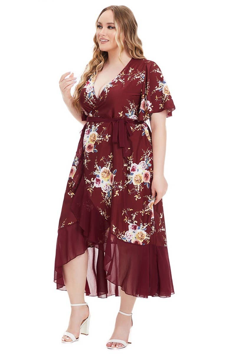CWDMD3239_PLUS SIZE V-NECK RUFFLE IRREGULAR PRINT LONG DRESS
