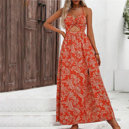 Print twist front and back lace-up halter dress