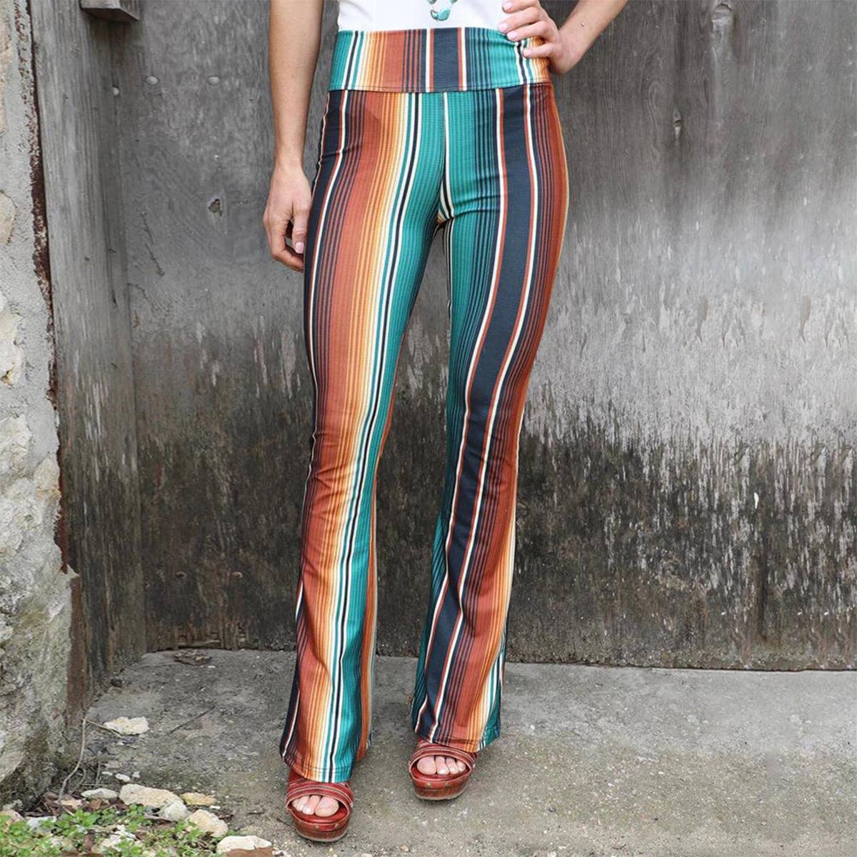 PRINTED TIGHT HEIGHT WAIST CASUAL FLARE PANTS